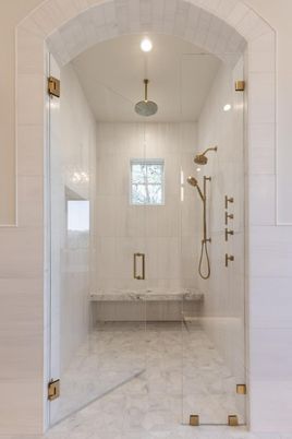 Bathroom, Glass Shower, Interior, Marble, Marble Walls, Recessed Lighting
