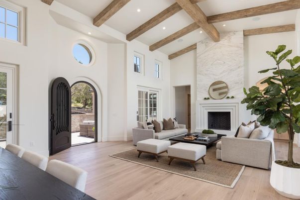 Fireplace, Interior, Living room, Recessed Lighting, Wooden Beams, Wood Texture Flooring