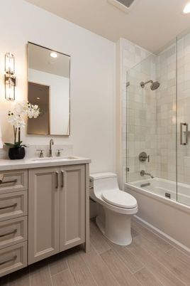 Bathroom, Glass Shower, Interior, Recessed Lighting, Wood Texture Flooring