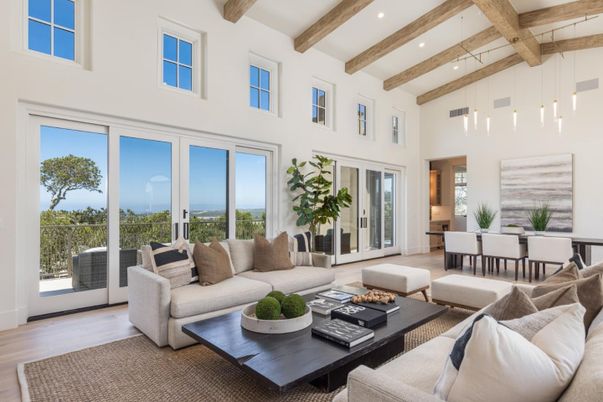 Dining room, Interior, Living room, Pendant Lights, Recessed Lighting, Water, Wooden Beams, Wood Texture Flooring