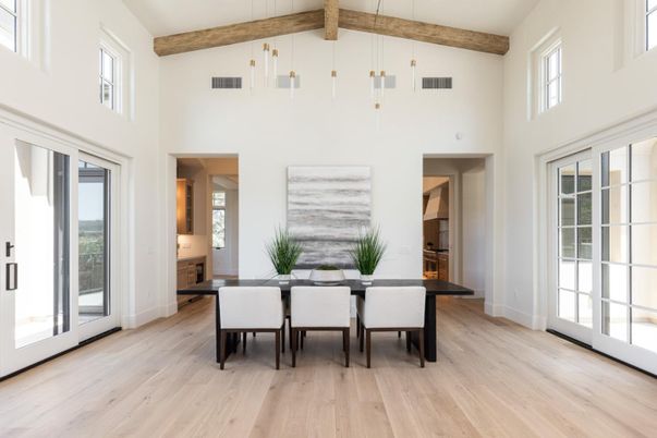 Dining room, Interior, Pendant Lights, Wooden Beams, Wood Texture Flooring