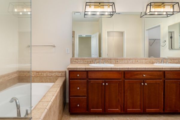 Bathroom, Dual Sink Vanities, Glass Shower, Interior, Tile Countertops