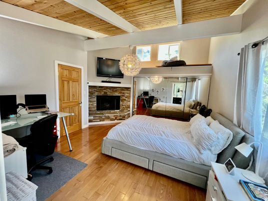 Bedroom, Fireplace, Interior, Wooden Ceilings, Wood Texture Flooring