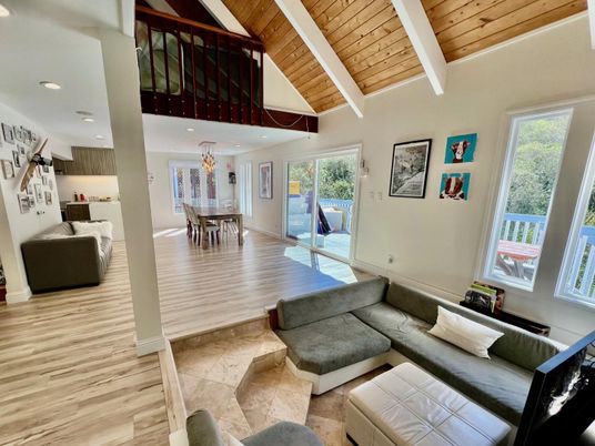 Dining room, Interior, Living room, Recessed Lighting, Wooden Beams, Wooden Ceilings, Wood Texture Flooring