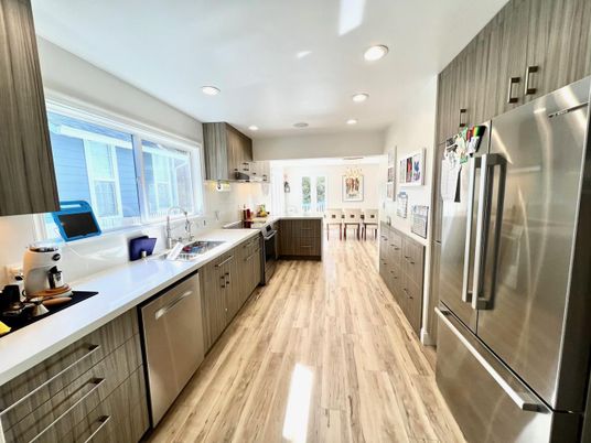 Interior, Kitchen, Recessed Lighting, Stainless Steel Appliances, Wood Texture Flooring