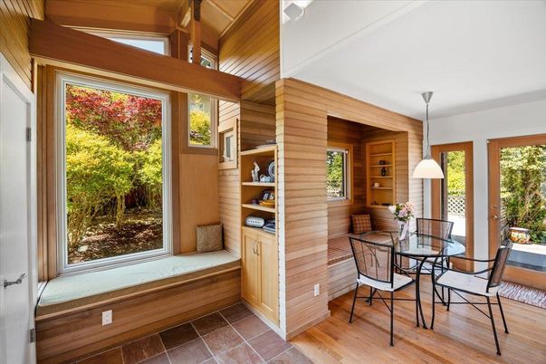 Dining room, Interior, Pendant Lights, Wood Texture Flooring, Wooden Walls