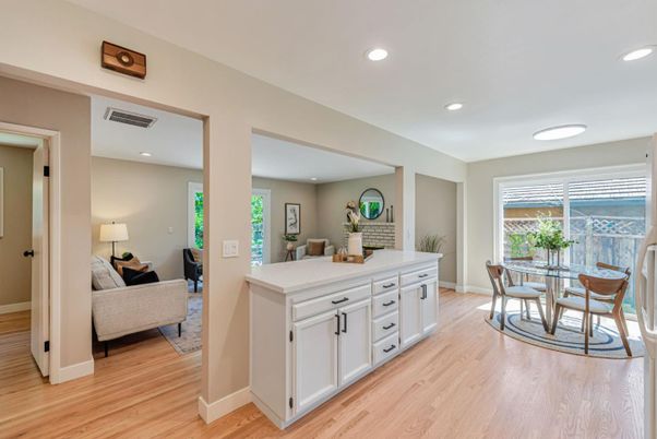 Dining room, Interior, Living room, Recessed Lighting, Wood Texture Flooring