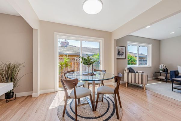 Dining room, Interior, Recessed Lighting, Wood Texture Flooring