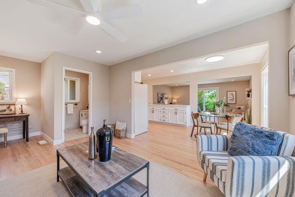 Dining room, Interior, Recessed Lighting, Wood Texture Flooring