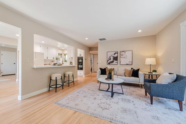Interior, Kitchen, Living room, Recessed Lighting, Stainless Steel Appliances, Wood Texture Flooring