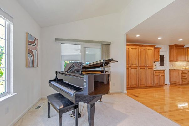 Interior, Kitchen, Piano, Recessed Lighting, Wood Texture Flooring