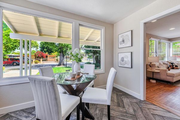 Dining room, Interior, Recessed Lighting, Wood Texture Flooring