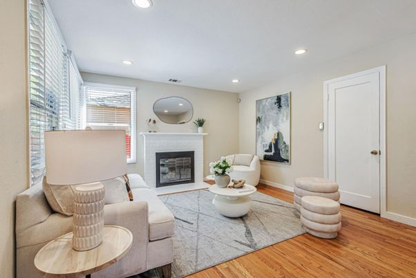 Fireplace, Interior, Living room, Recessed Lighting, Wood Texture Flooring