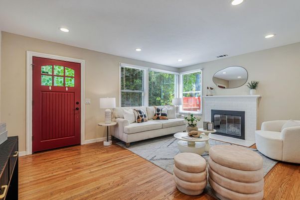 Fireplace, Interior, Living room, Recessed Lighting, Wood Texture Flooring
