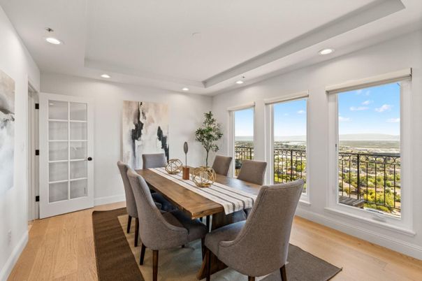 Dining room, Interior, Recessed Lighting, Wood Texture Flooring