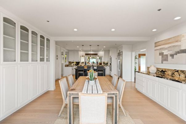 Dining room, Interior, Kitchen, Pendant Lights, Recessed Lighting, Wood Texture Flooring