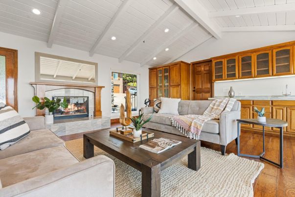 Fireplace, Interior, Living room, Recessed Lighting, Wood Texture Flooring