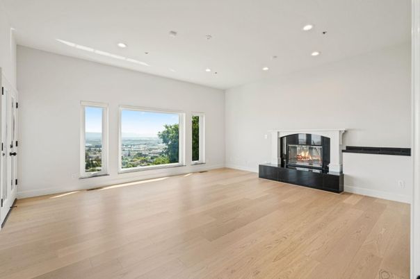Empty room, Fireplace, Interior, Recessed Lighting, Wood Texture Flooring