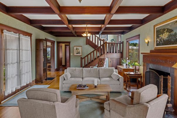 Chandelier, Fireplace, Interior, Living room, Wooden Beams, Wood Texture Flooring
