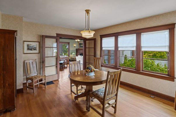 Dining room, Interior, Pendant Lights, Wood Texture Flooring