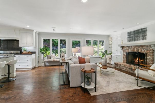 Fireplace, Interior, Living room, Recessed Lighting, Wood Texture Flooring