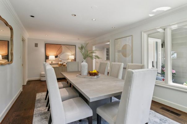 Dining room, Interior, Recessed Lighting, Wood Texture Flooring
