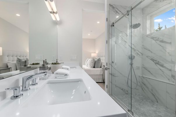 Bathroom, Bedroom, Dual Sink Vanities, Glass Shower, Interior, Marble Walls, Recessed Lighting