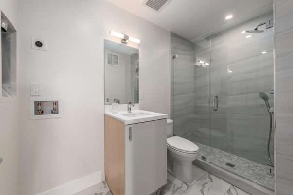 Bathroom, Glass Shower, Interior, Marble, Recessed Lighting
