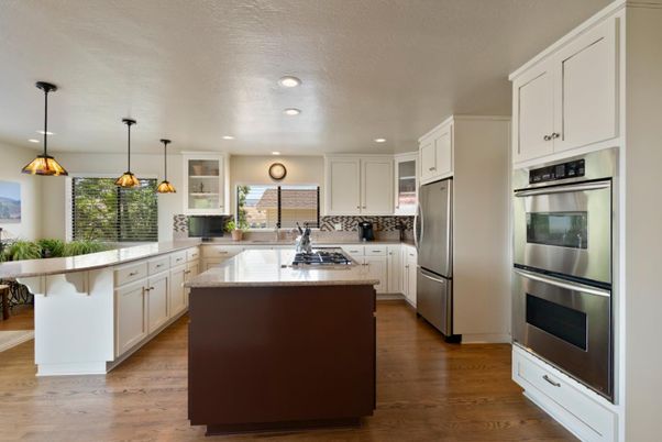 Interior, Kitchen, Pendant Lights, Recessed Lighting, Stainless Steel Appliances, Wood Texture Flooring