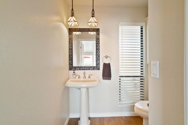 Bathroom, Interior, Pendant Lights, Wood Texture Flooring