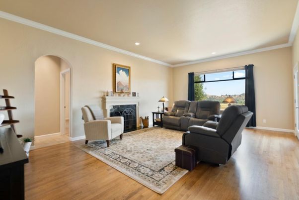 Fireplace, Interior, Living room, Recessed Lighting, Wood Texture Flooring