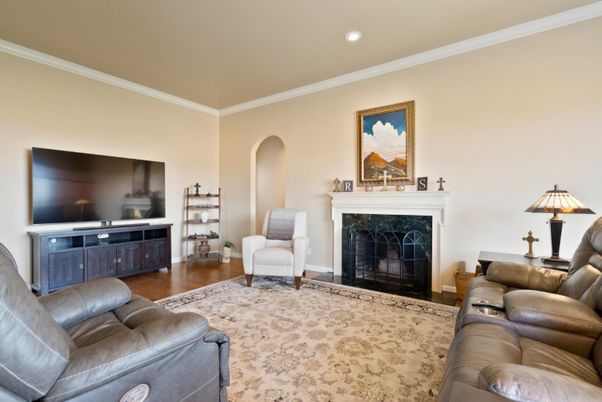 Fireplace, Interior, Living room, Recessed Lighting, Wood Texture Flooring