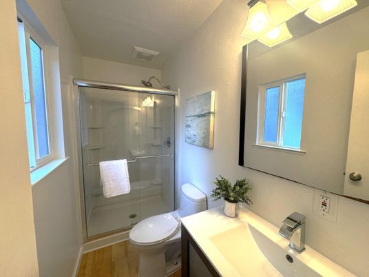 Bathroom, Glass Shower, Interior, Wood Texture Flooring