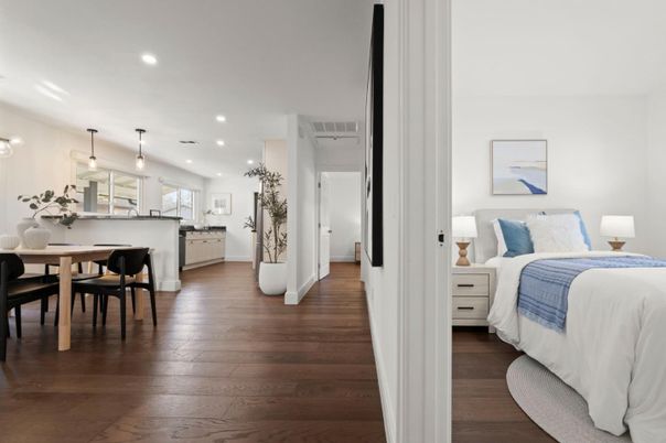 Bedroom, Dining room, Interior, Kitchen, Pendant Lights, Recessed Lighting, Wood Texture Flooring