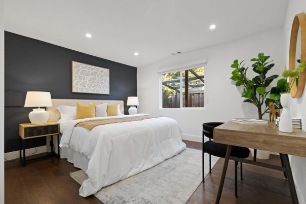 Bedroom, Interior, Recessed Lighting, Wood Texture Flooring