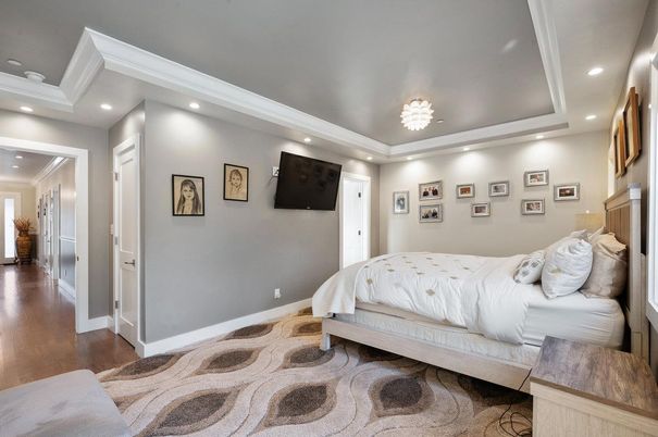 Bedroom, Chandelier, Interior, Recessed Lighting, Wood Texture Flooring