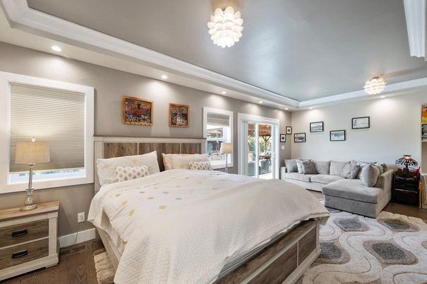 Bedroom, Chandelier, Interior, Recessed Lighting, Wood Texture Flooring