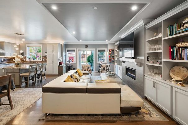 Dining room, Fireplace, Interior, Kitchen, Living room, Pendant Lights, Recessed Lighting, Wood Texture Flooring