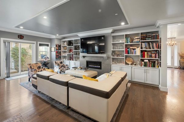 Chandelier, Fireplace, Interior, Living room, Recessed Lighting, Wood Texture Flooring