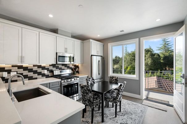 Dining room, Interior, Kitchen, Recessed Lighting, Stainless Steel Appliances, Wood Texture Flooring