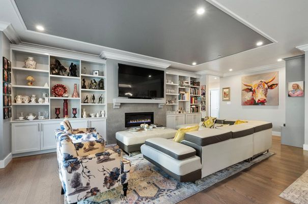 Fireplace, Interior, Living room, Recessed Lighting, Wood Texture Flooring