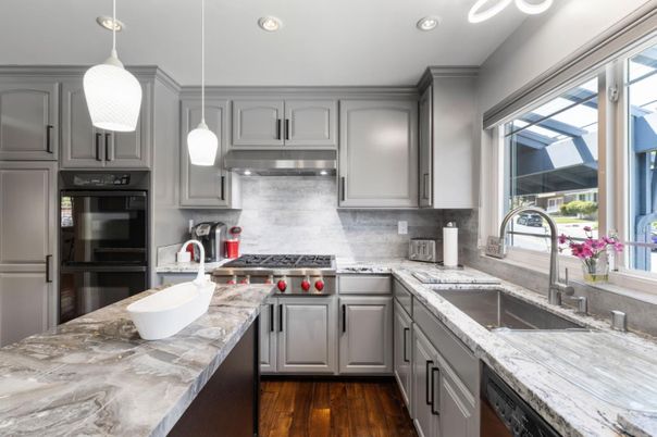 Interior, Kitchen, Pendant Lights, Recessed Lighting, Stainless Steel Appliances, Wood Texture Flooring