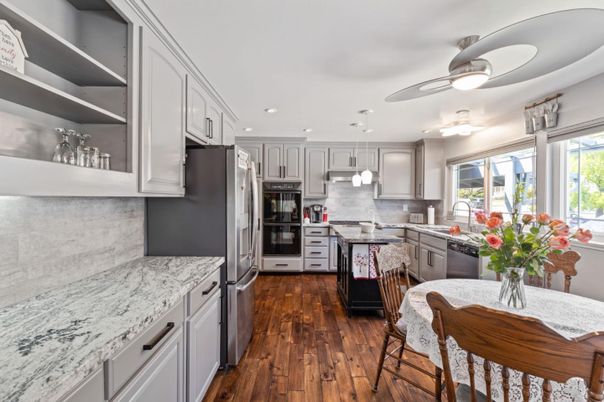 Interior, Kitchen, Recessed Lighting, Stainless Steel Appliances, Wood Texture Flooring