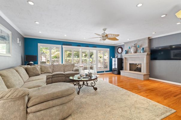 Fireplace, Interior, Living room, Recessed Lighting, Wood Texture Flooring