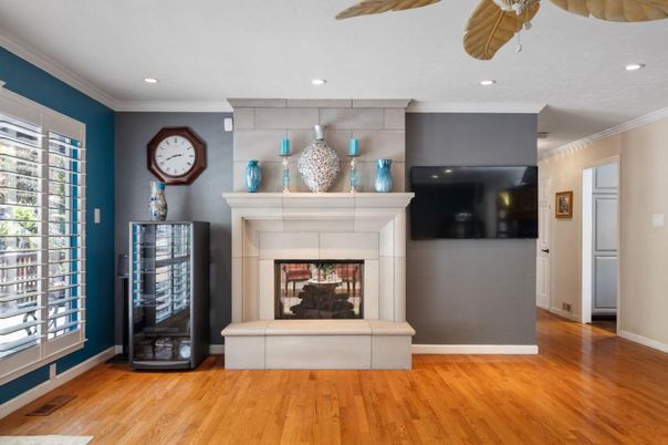Fireplace, Interior, Recessed Lighting, Wood Texture Flooring