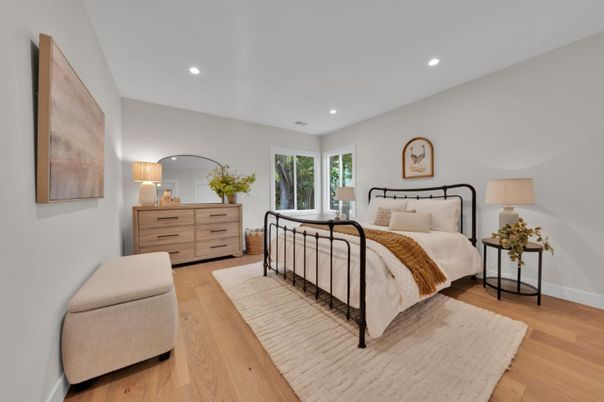 Bedroom, Interior, Recessed Lighting, Wood Texture Flooring