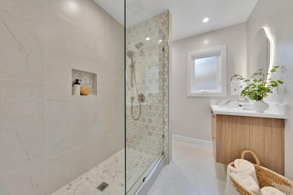 Bathroom, Glass Shower, Interior, Recessed Lighting