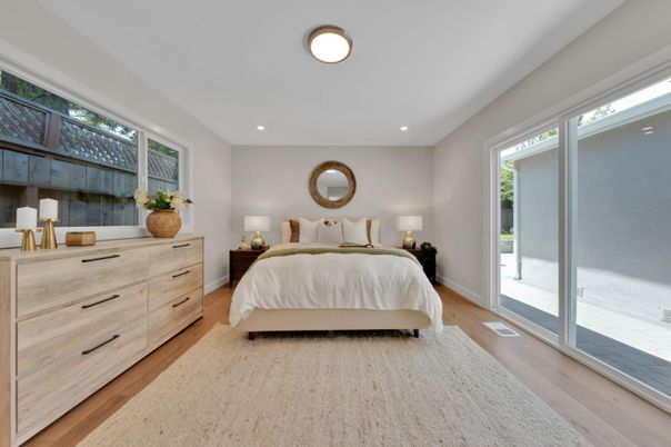 Bedroom, Interior, Recessed Lighting, Wood Texture Flooring