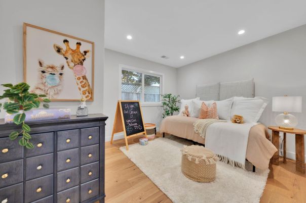 Bedroom, Interior, Recessed Lighting, Wood Texture Flooring