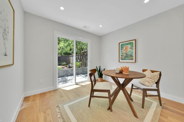 Dining room, Interior, Recessed Lighting, Wood Texture Flooring